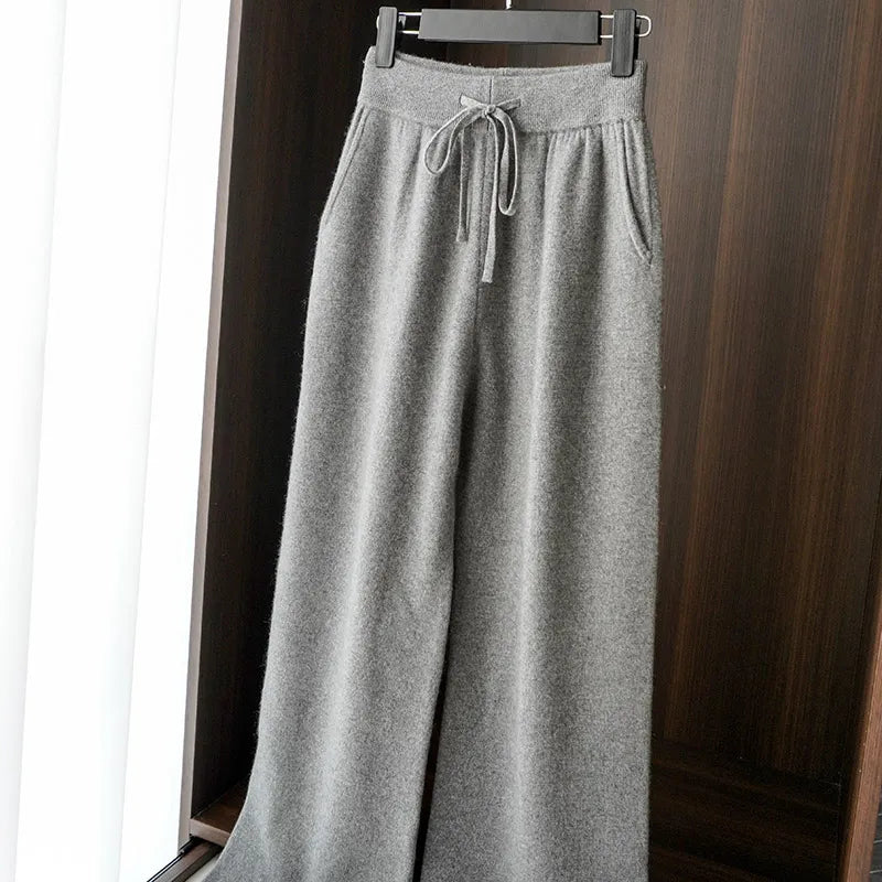 Women Pants 100% Australian Wool Knitted Wide Leg Pant 2021 Winter New Fashion Warm Long Trousers Pure Woolen Female Leggings Dark Grey