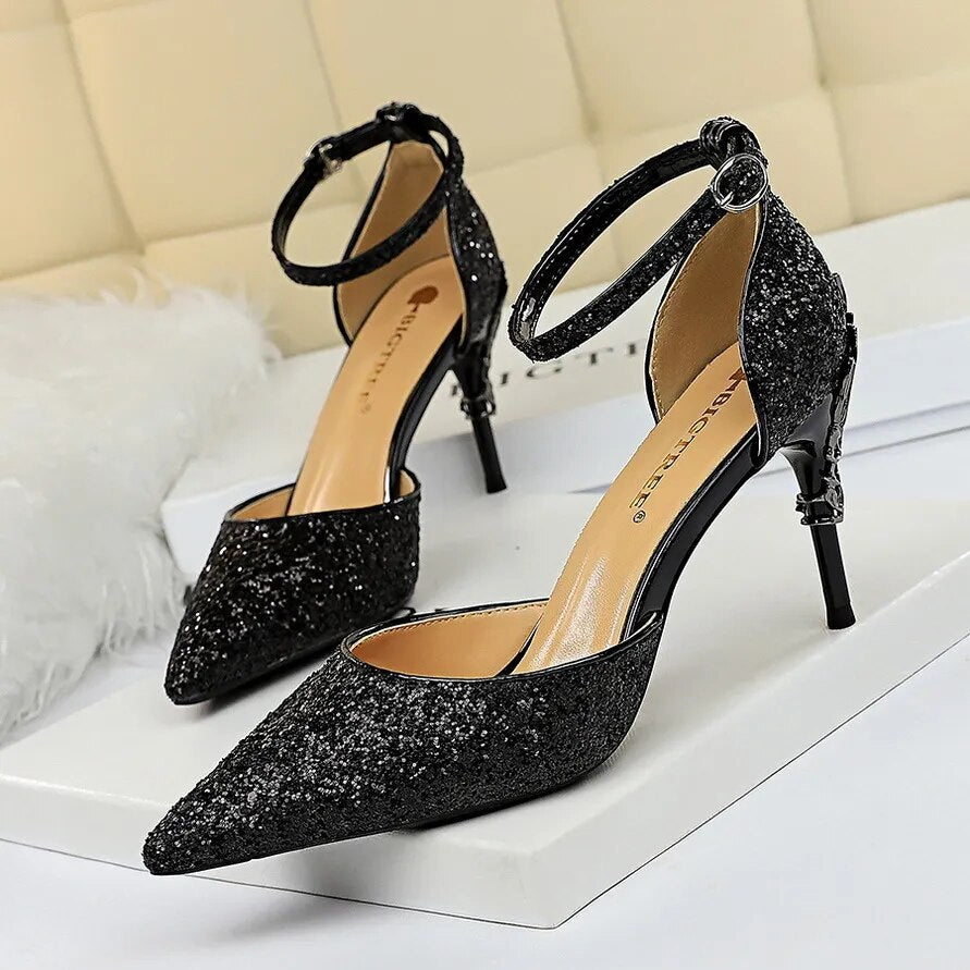 Shoes Heels 2024 New Woman Pumps Sequins High Heels Women Shoes Fashion Ladies Shoes Gold Sliver Stiletto Heels Sandals 238-A5-7.5cm-black