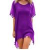 Summer Chiffon Tassels Beach Dress Swimwear Bikini Cover Up Female Mini Loose Solid Pareo Tops Swimsuit Purple One Size