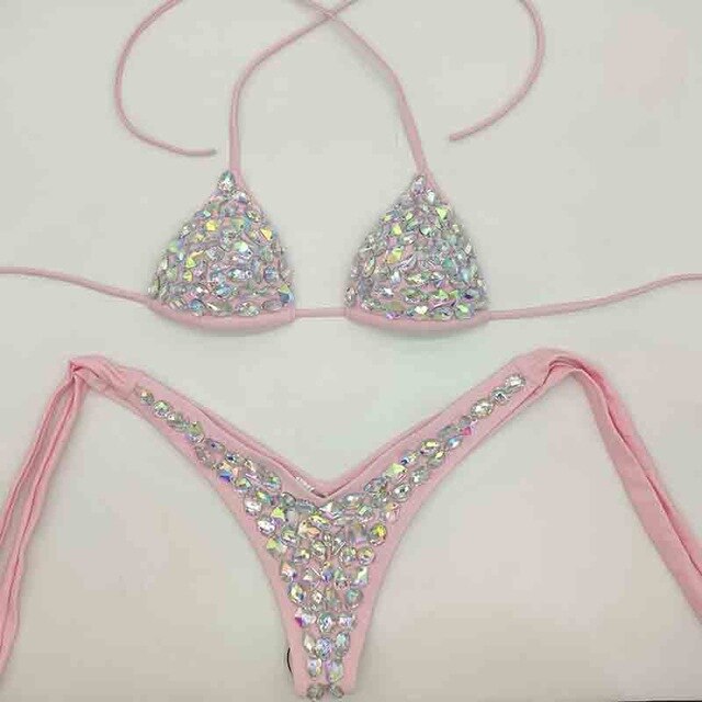 Rhinestone Triangle Bikini Sexy Push Up Women's Swimwear Crystal Diamond Halter Bandage Thong Biquine Swimsuit Pink