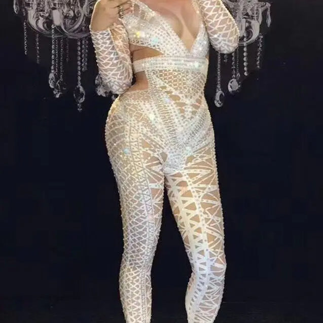 Sexy Stage White Jumpsuit Costume One-piece Nightclub Dance Outfit Party Wear Singer Stage Performance gogo singer Clothes