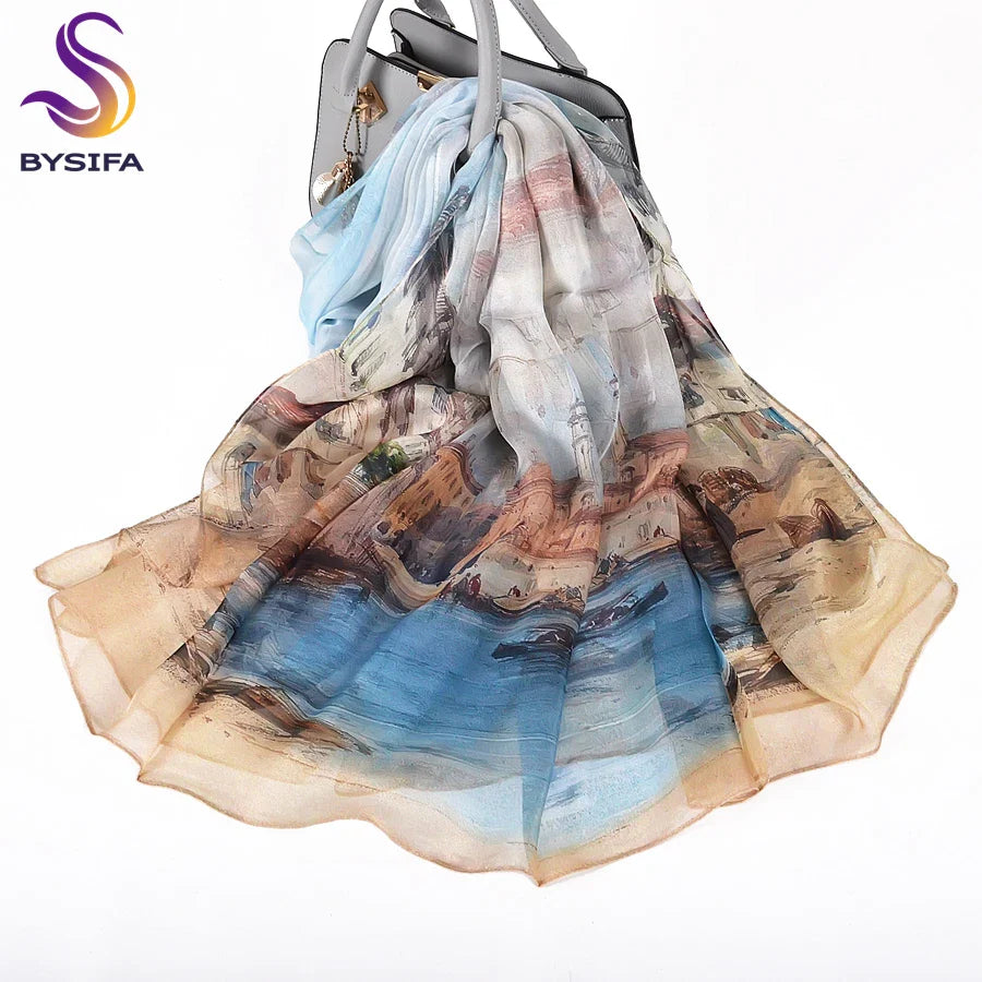 [BYSIFA] White 100% Silk Scarf Cape Fashion Floral Design Long Scarves Women Summer Utralong Beach Shawl Winter Scarves180*110cm khaki blue