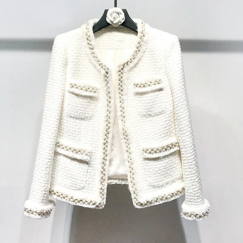 White tweed women jacket Hand-made beads spring / autumn / winter woolen coat new Wool classic jacket Ladies White