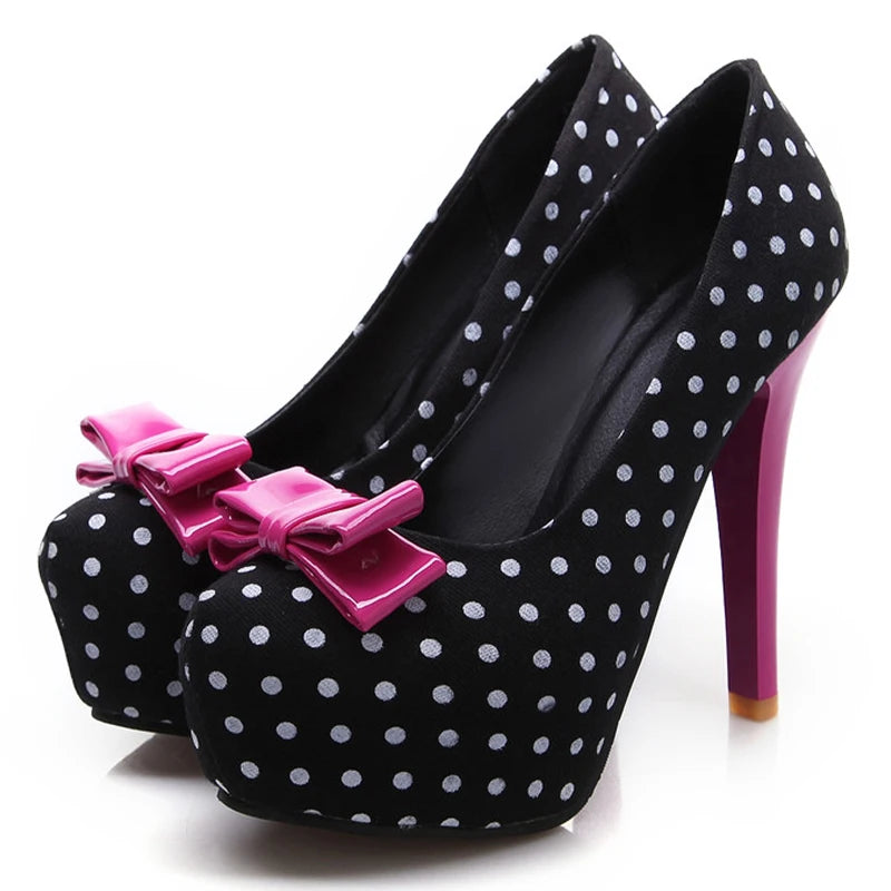 2021 Spring Autumn New Women's Pumps Sweet Bow Polka Dot High-Heeled Single Shoes Round Toe Thin Heels Plus Size Women Shoes As Picture Shown 1