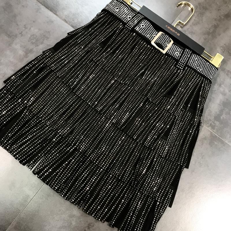 Women Skirt Fashion New Autumn High Waist Belt Multi Layer Short Heavy Drilling Rhinestones Fringed Skirt with Cake A Line