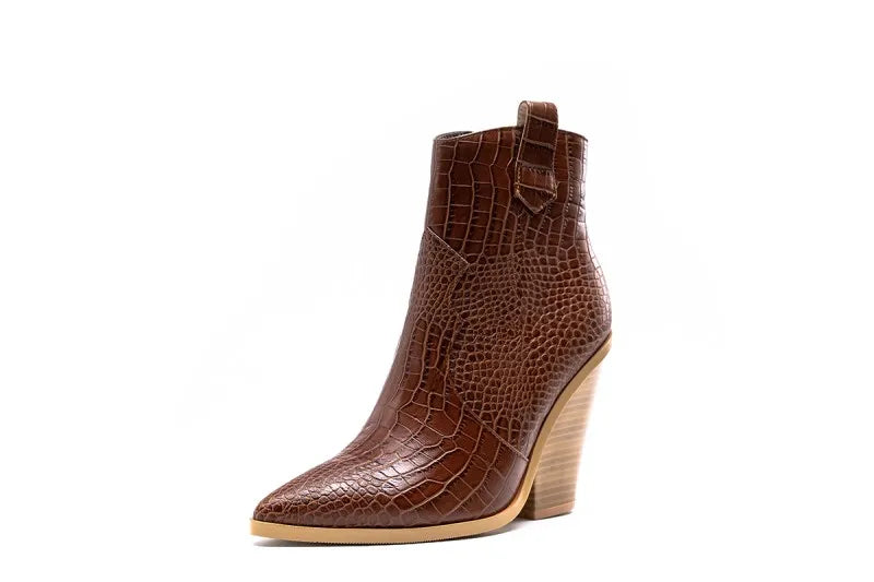 MStacchi Gold Snake Print Ankle Boots For Women Wedge High Heels Boots Woman Runway Design Chunky Heels Botas Mujer Western boot brownness