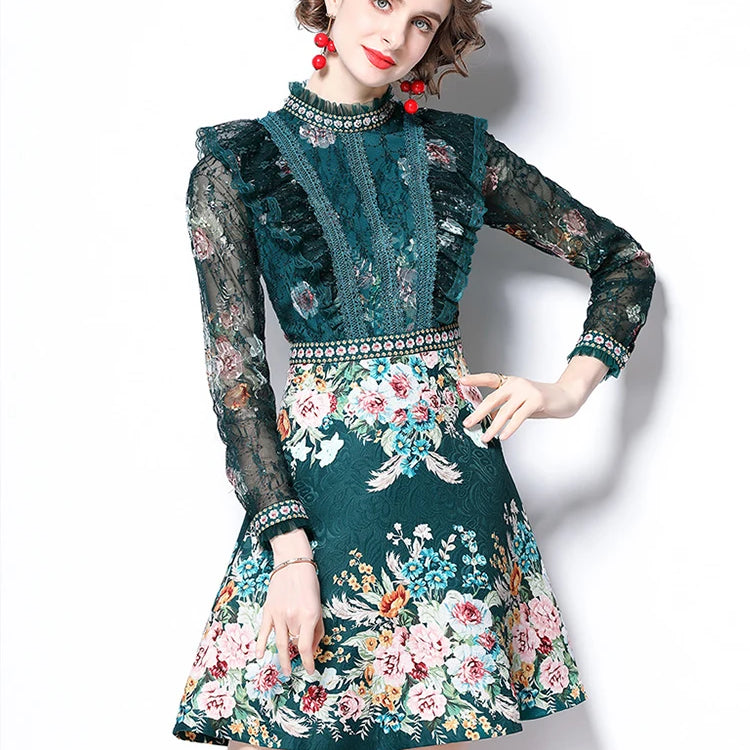 Spring Fashion Runway Flower Jacquard Dress Women's Beading Stand Long Sleeve Ruffles Lace Stitching Vintage Party Vestidos