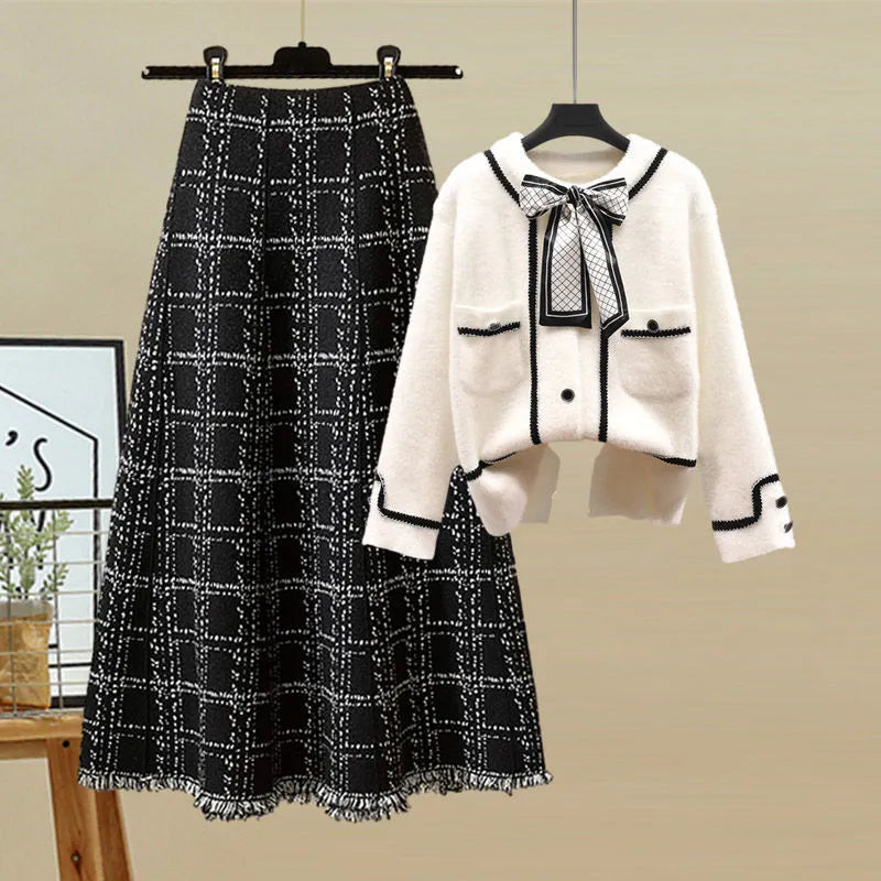 Women Autumn Winter Vintage fragrant Knitted Two Pieces Sets Korean Long Sleeve Knit Cardigan And High Waist Plaid Skirts Sets picture 3
