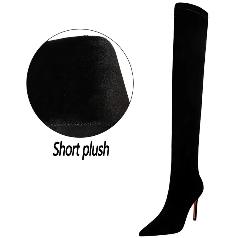 Shoes Suede Sexy Over-the-Knee Boots Black Plush Warm Women Winter Boots Thin High Heel Boots Long Boots Plus Size 42 43 blackfur