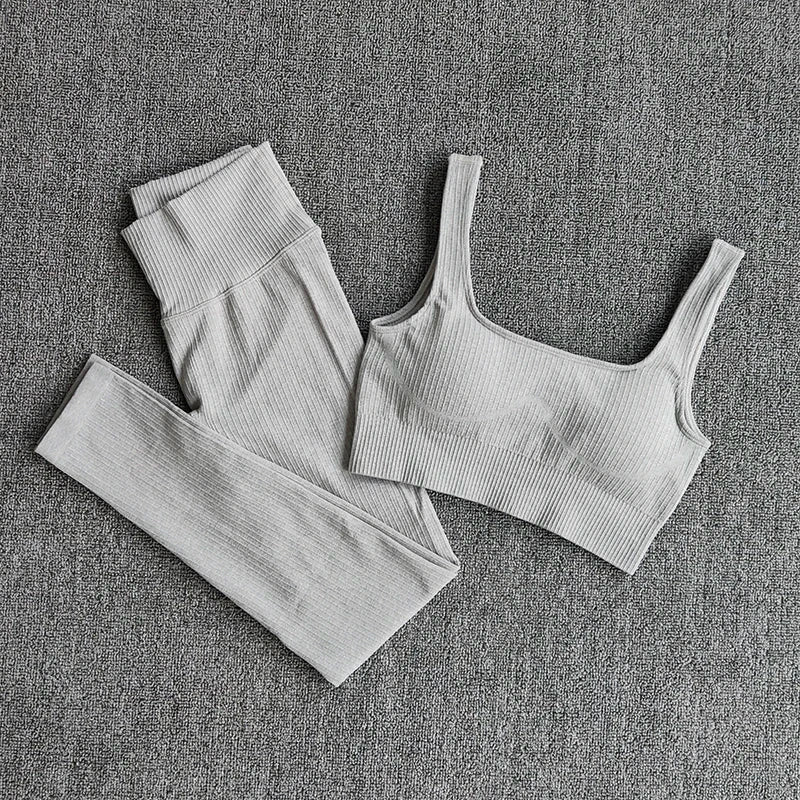 Women's Sportswear Yoga Set Workout Clothes Athletic Wear Sports Gym Legging Seamless Fitness Bra Crop Top Long Sleeve Yoga Suit BraPantsGray