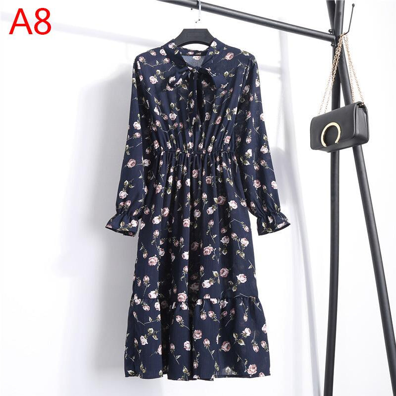 Plus Size Women's Clothing Long Sleeve Chiffon Shirt Dresses For Women Red Bow Floral Club Party Autumn Winter платье Woman A8