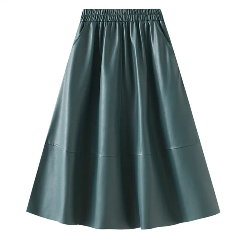 Neophil Korean Style Latex Sarong Women Winter Skirts Solid Retro Pu Faux Leather Umbrella Pockets Gray Midi Skirt S211101 lake blue One Size