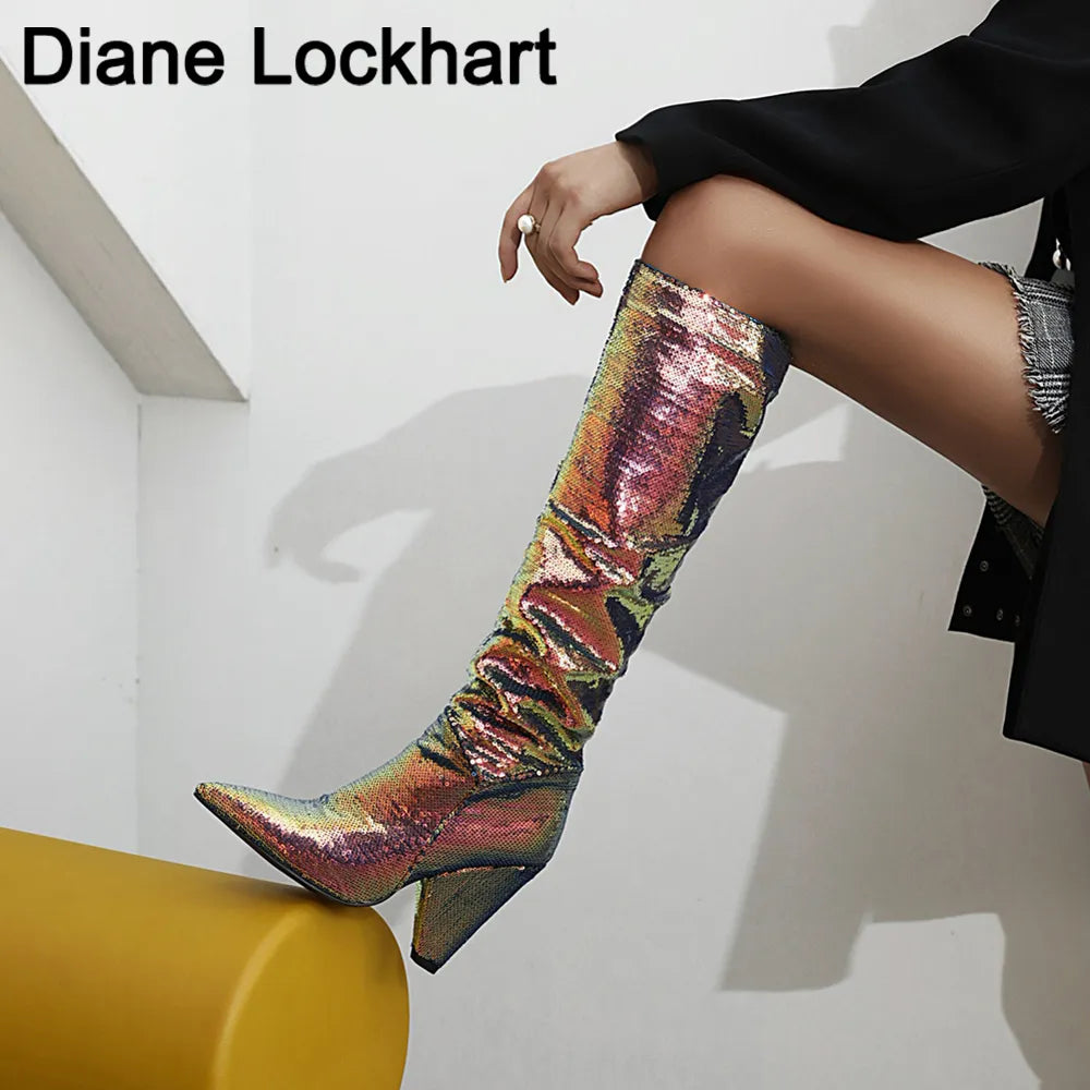 Slouch Wrinkle Women Boots Colorful Pointed Toe Thick Heels Folds Boots Woman Fashion Bling Leather Knee High Boots Winter Shoes