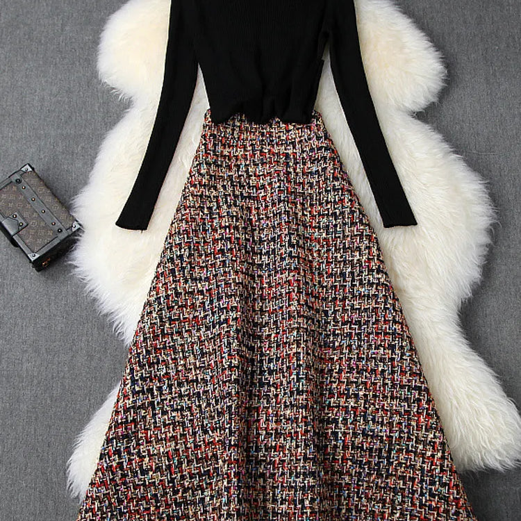 Women's Fashion Autumn Winter 2 Piece Dress Set Female Party Outfits Black Sweater Top and Long Tweed Woolen Skirt Suit Twinset