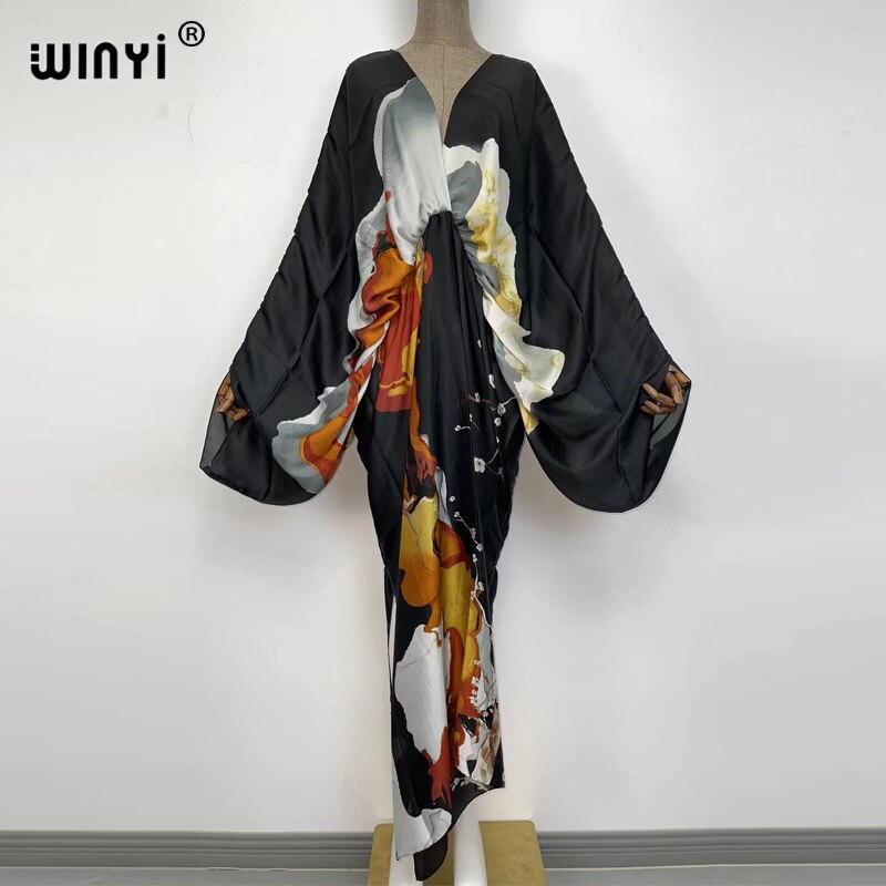 Sexy bech high-quality hand-rolled feel silk rayon fashion print 2024 WINYI Maxi Women's robes long beach V-neck Bohemian dress 5 One Size