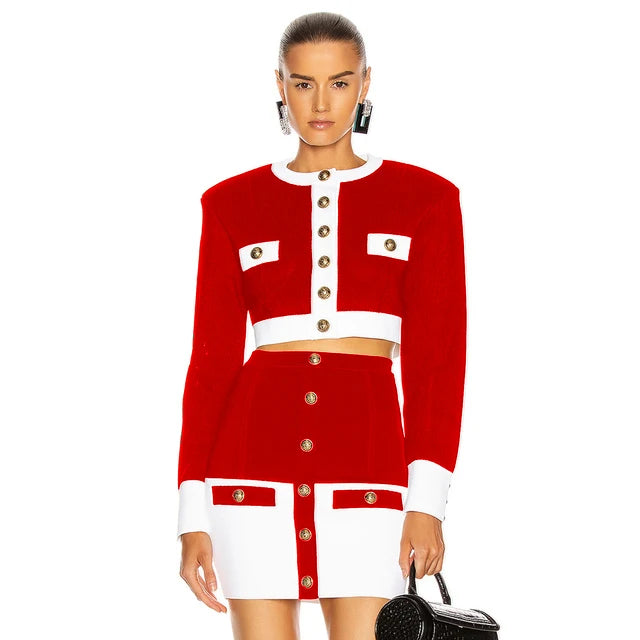 2024 New Patchwork Black White O Neck Long Sleeves With Pockets Buttons Two Pieces Bandage Skirt Women Set Red