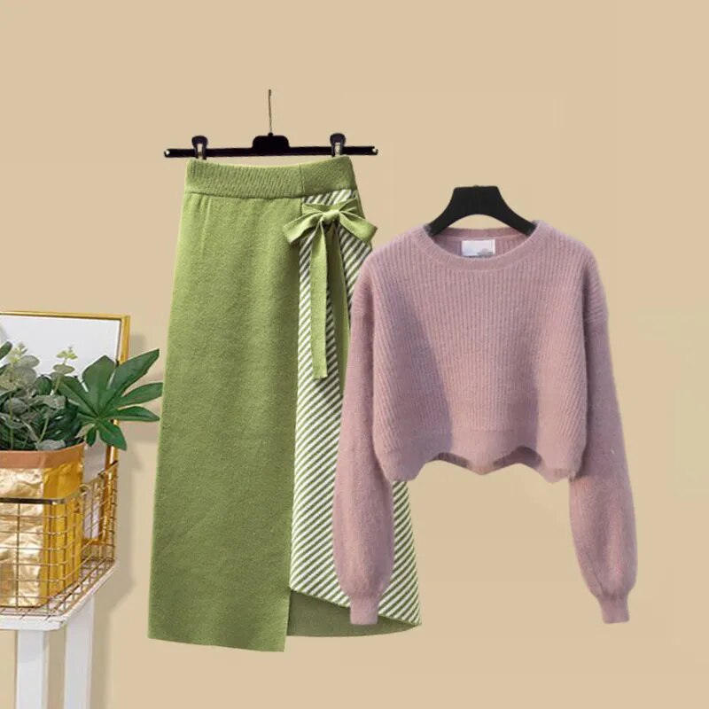Women Autumn Winter Warm Knitted Two Pieces Sets Korean Long Sleeve Pullover Sweater Top And High Waist Skirts Sets Skirt Two Piece Set 7