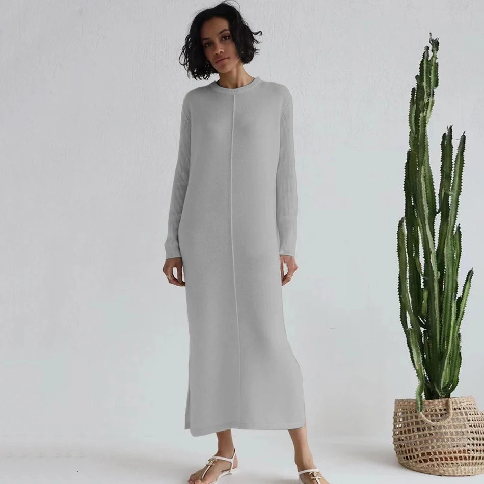 2024 Casual Midi Knit Dress Women's O-neck Long Sleeve Split Straight Dresses 2023 New Autumn Pure Color Knit Vestidos GRAY