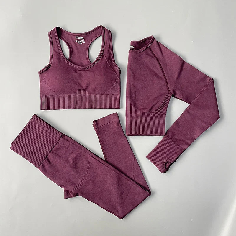 2/3/4PCS Seamless Women Yoga Set Workout Sportswear Gym Clothes Fitness Long Sleeve Crop Top High Waist Leggings Sports Suit 3Pcs Set PurpleRed