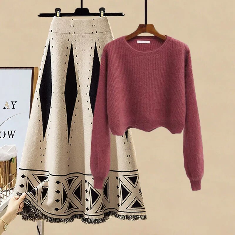 Women Autumn Winter Warm Knitted Two Pieces Sets Korean Long Sleeve Pullover Sweater Top And High Waist Skirts Sets Skirt Two Piece Set 18