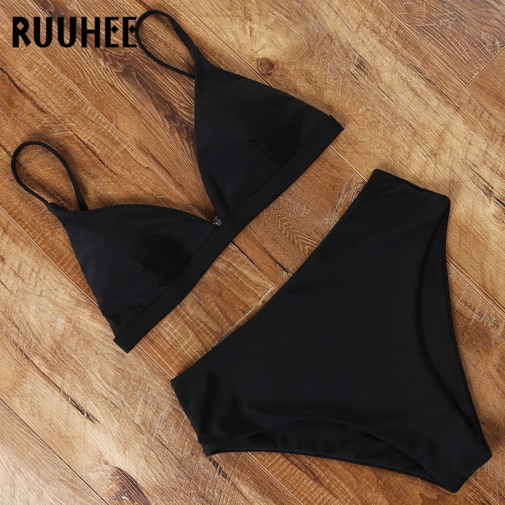 RUUHEE 2024 Bikini Swimwear Swimsuit Women Solid Bathing Suit Green Neno Bikini Set With Pad Female High Waist Beachwear Biquini B3393BK