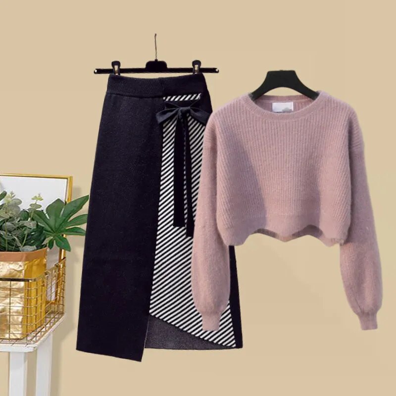 Women Autumn Winter Warm Knitted Two Pieces Sets Korean Long Sleeve Pullover Sweater Top And High Waist Skirts Sets