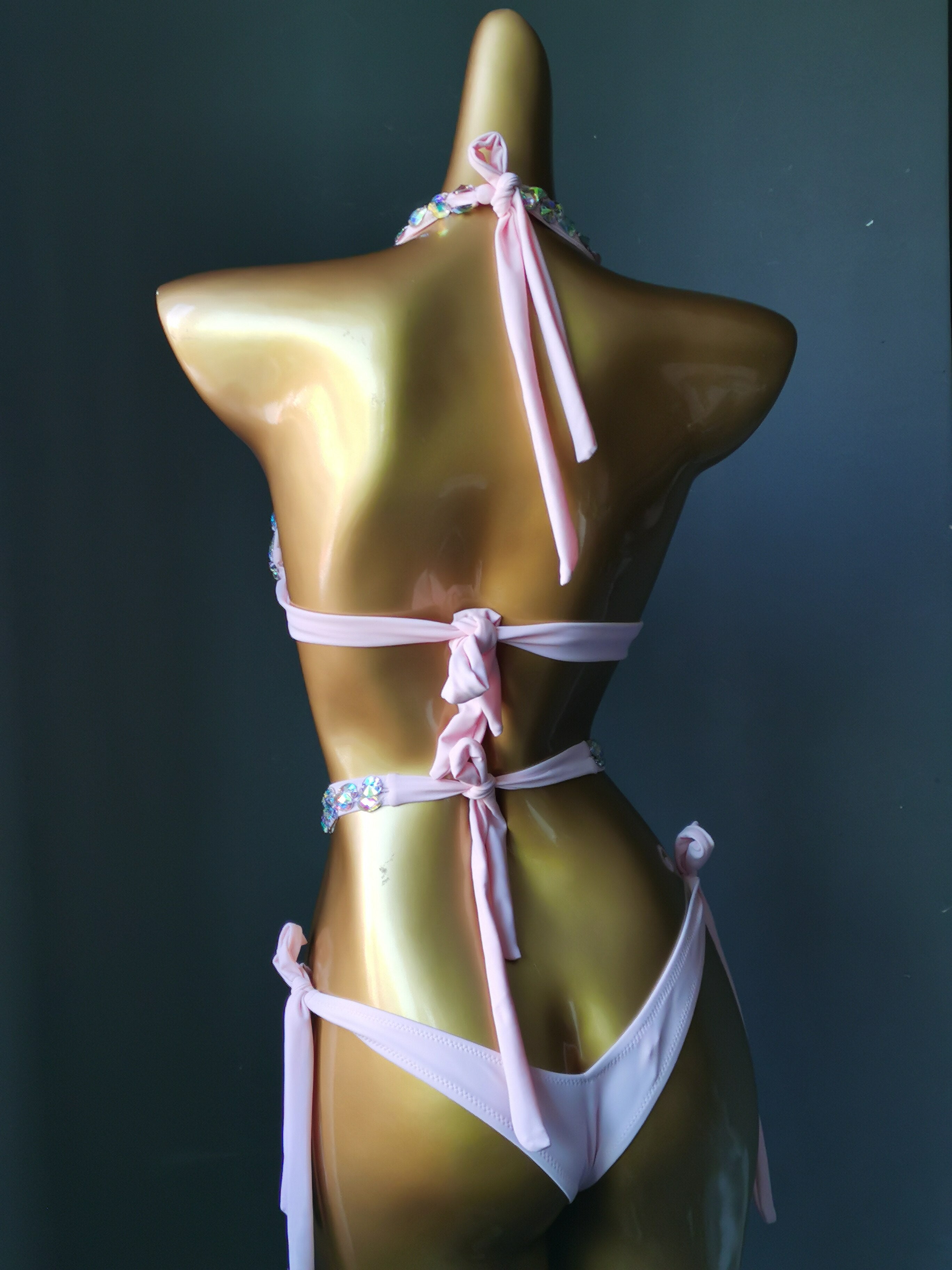 Push Up Crystal Diamond Bikini Sexy Halter Bandage Women's Swimsuit Gathered Rhinestone Swimwear