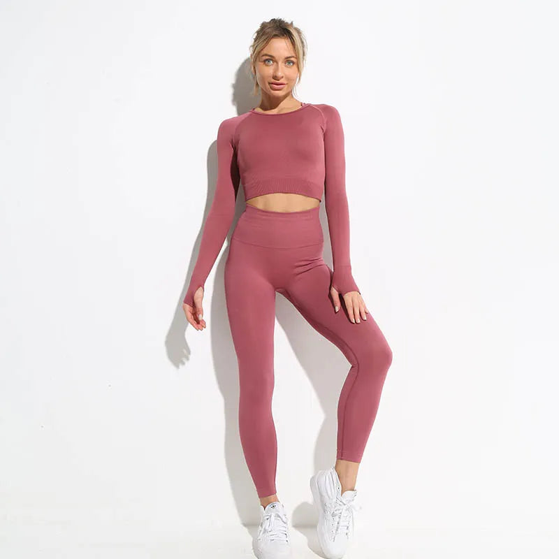 2pcs seamless hyperflex workout sport outfits for women sportswear athletic clothes gym Long Sleeve Crop Top High Waist Leggings Shirts Pants Red
