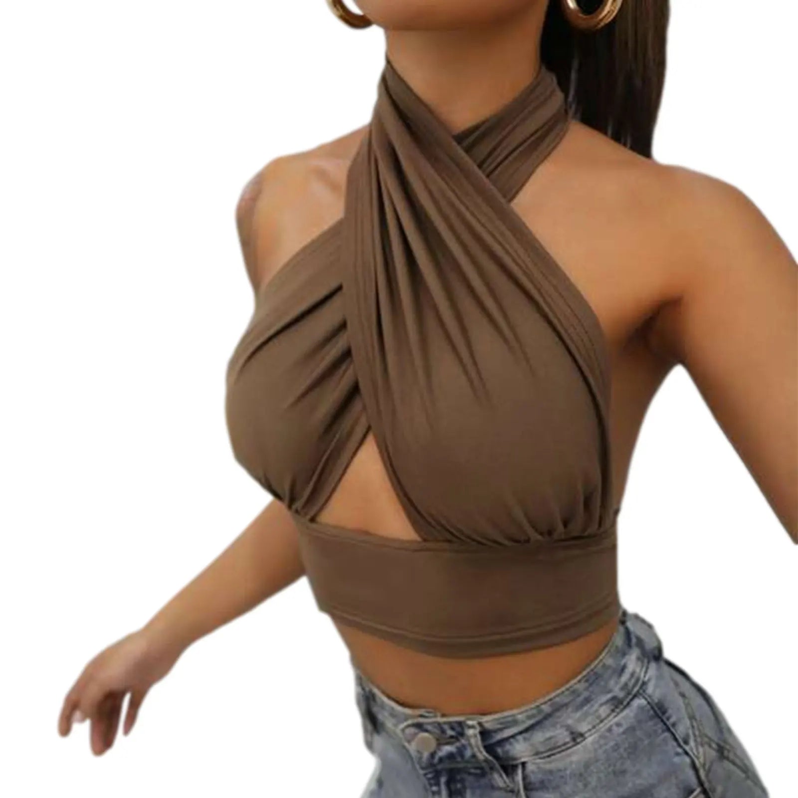 Women Summer Tank Tops Solid Cross Halter Camis Backless Crop Tops Female Camisole Cropped Top Slim Sleeveless Streetwear Brown