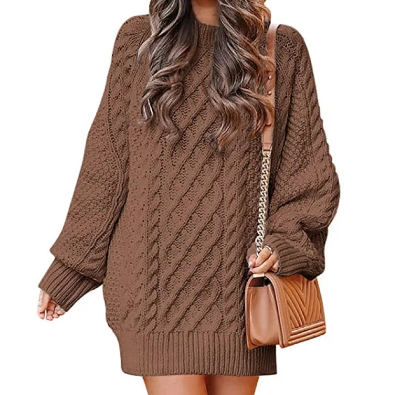 13 Colors Women Crewneck Long Sleeve Oversized Tops Cable Knit Chunky Pullove Thick Autumn and Winter Sweater Dresses Brown
