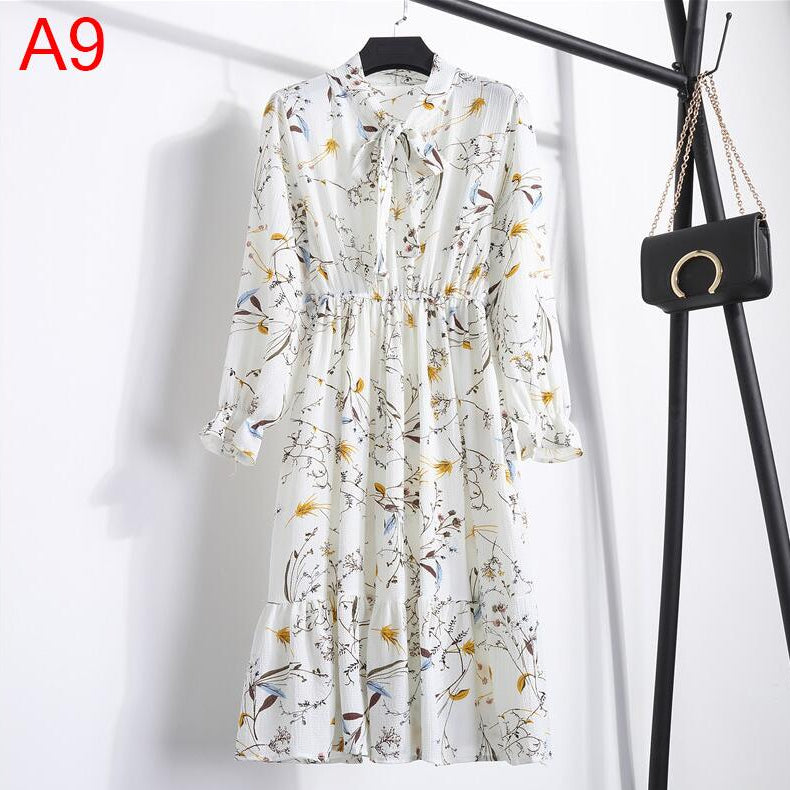 Plus Size Women's Clothing Long Sleeve Chiffon Shirt Dresses For Women Red Bow Floral Club Party Autumn Winter платье Woman A9