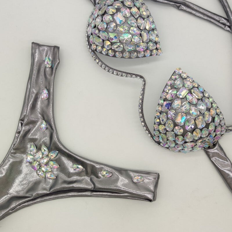Rhinestone Triangle Bikini Luxury Crystal Diamond Women's Swimsuit Sexy Push Up Gathered Swimwear Biquini Gray