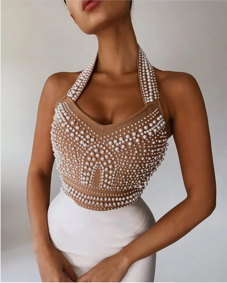 Top Quality High Street White Black Sexy Off Shoulder Sleeveless Beading Shining Knee Length Bandage Dress 2021 Celebrity Party