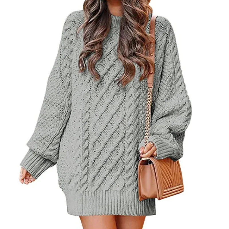 13 Colors Women Crewneck Long Sleeve Oversized Tops Cable Knit Chunky Pullove Thick Autumn and Winter Sweater Dresses Grey