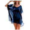 Summer Chiffon Tassels Beach Dress Swimwear Bikini Cover Up Female Mini Loose Solid Pareo Tops Swimsuit Malachite Blue One Size