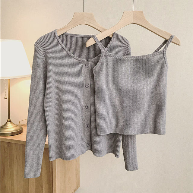 Stripped Knitted Cardigan Two 2 Piece Set Women Korean Spring Autumn Woman Outfits Cardigans Womens Tops And Blouses Sets