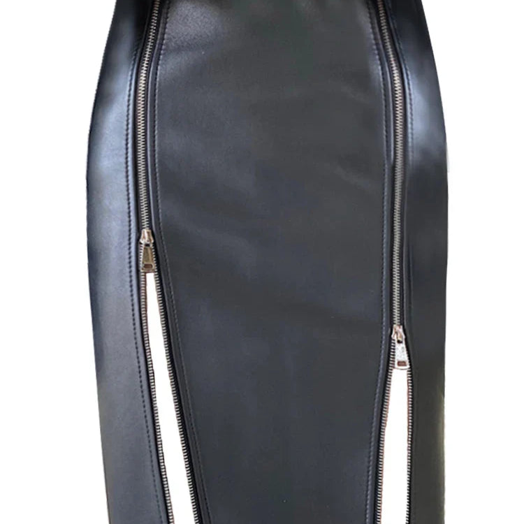 Lautaro Autumn Soft Black Pu Leather Midi Skirt Women with Double Slit Zipper High Waist Korean Style Fashion 2021 Streetwear