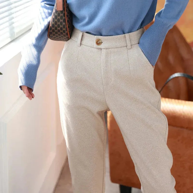 Woolen Pants Women's Harem Pencil Pants Autumn Winter High Waisted Casual Suit Pants Office Lady Women Trousers APRICOT