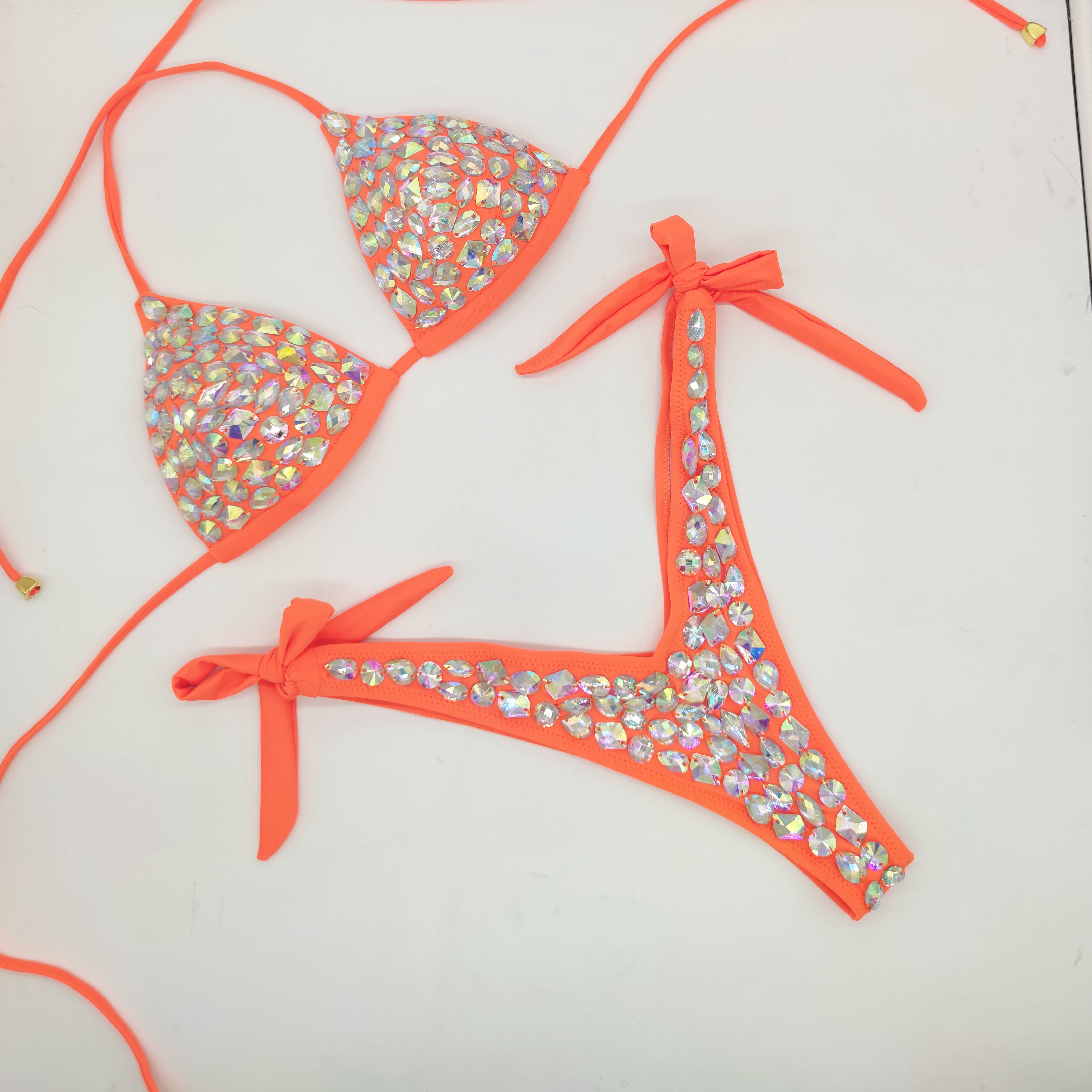 Rhinestone Triangle Bikini Sexy Push Up Women's Swimwear Crystal Diamond Halter Bandage Thong Biquine Swimsuit Orange