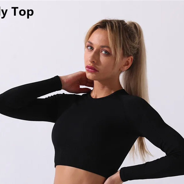 Rid Seamless Yoga Set Women 2pcs Two Piece Long Sleeve Crop Top T-Shirt Leggings Outfit Clothes Gym Wear Fitness Suit Sport Sets Black Top