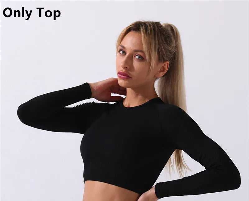 Rid Seamless Yoga Set Women 2pcs Two Piece Long Sleeve Crop Top T-Shirt Leggings Outfit Clothes Gym Wear Fitness Suit Sport Sets Black Top