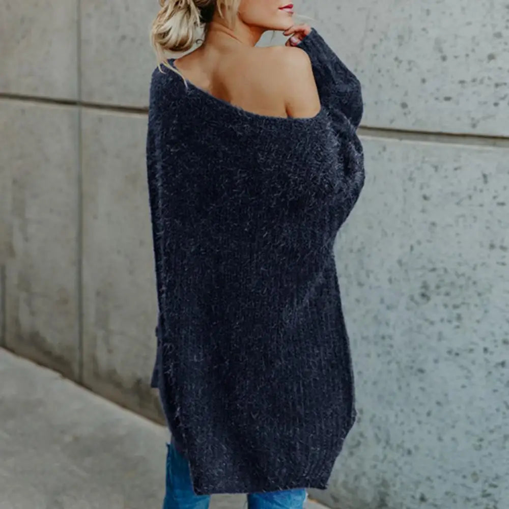 Women's Sweater Fashion Solid Color Sloping Shoulder Plush Jumper Loose Casual Knitted Sweater Top Oversized Sweater for Women