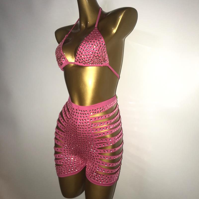 Shining Rhinestones Bra Hole Hollow Shorts Set Women Pink Crystal Bikini High Waist Pants Outfits Birthday Party Singer Costume
