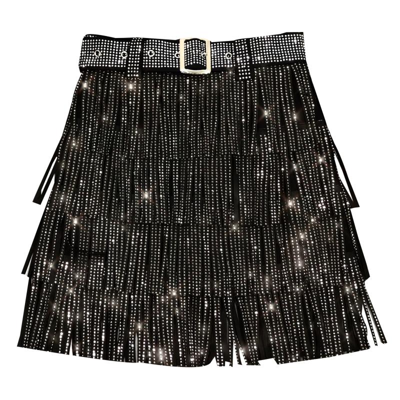 Women Skirt Fashion New Autumn High Waist Belt Multi Layer Short Heavy Drilling Rhinestones Fringed Skirt with Cake A Line