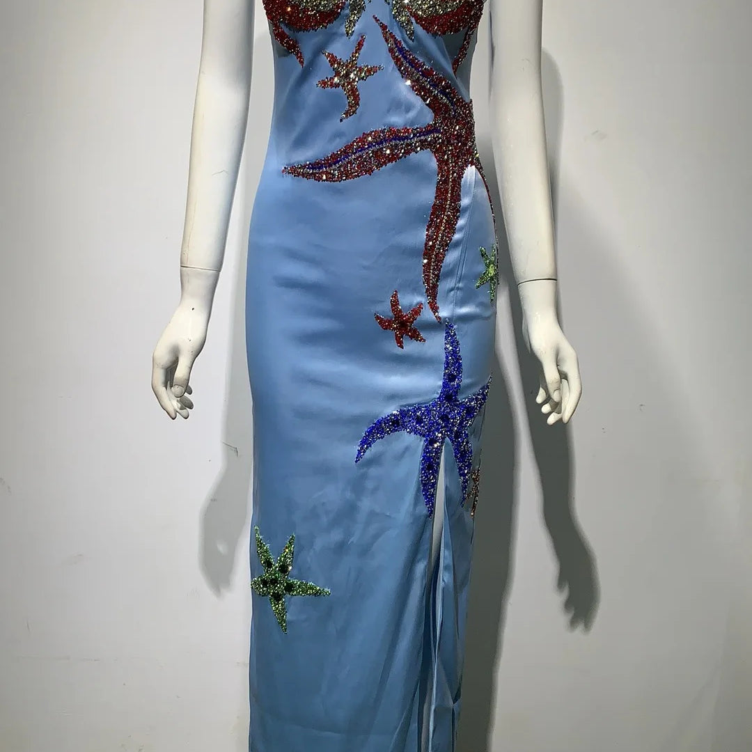 Blue Beaded Sequins Star Slim Sexy Spaghetti Strap Ruffle Celebrity Night Club Party Designer Dress Vestidos