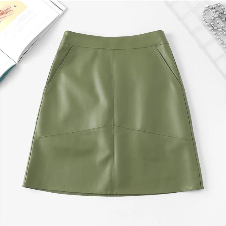 Autumn New Fashion Elegant Women Pu Leather Skirt Casual High Waist Mini Skirt Ladies A-Line Short Skirts Black Gray Green green