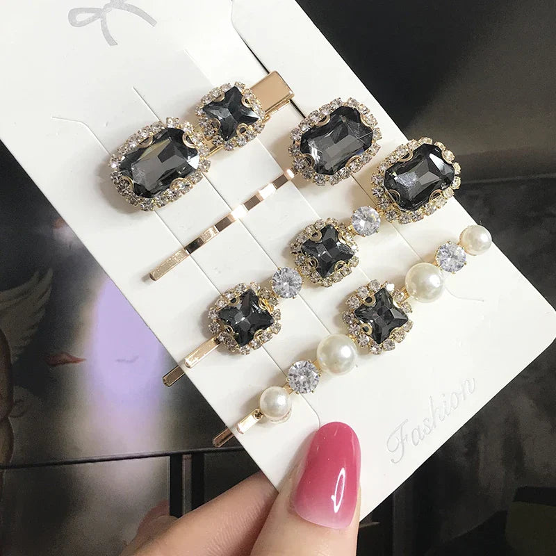 Set Women Hair Clips Jewelry Fashion Crystal Hair Accessories For Girls Luxury Pearl Geometric Barrettes Pins Christmas Gift 4pcs-black