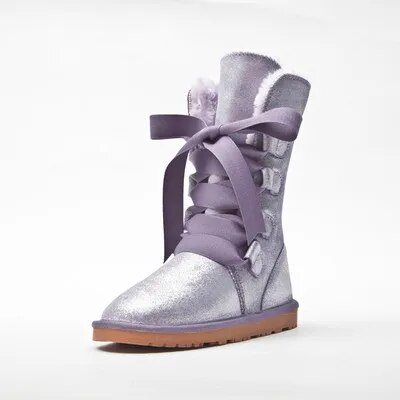 Waterproof High Boots Lace Up 2024 Woman Winter Snow Boots Women's Shoes Thick Plush Genuine Leather Winter Women's Snow Boots purple as pic