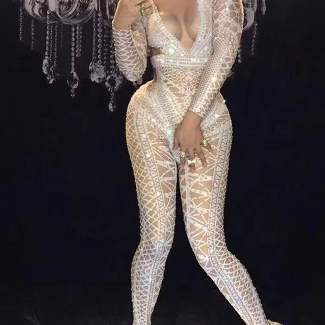 Sexy Stage White Jumpsuit Costume One-piece Nightclub Dance Outfit Party Wear Singer Stage Performance gogo singer Clothes