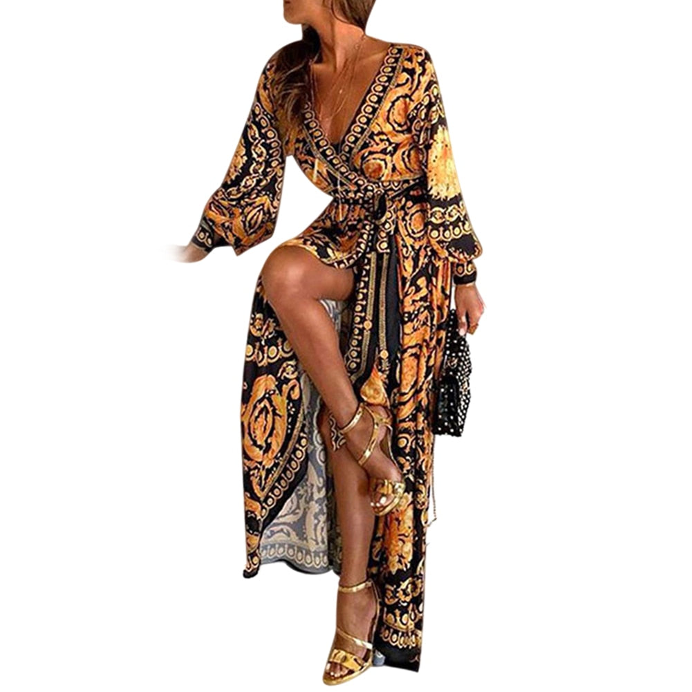 Womens Boho V-Neck Printed Sundress Long Maxi Dress for Summer